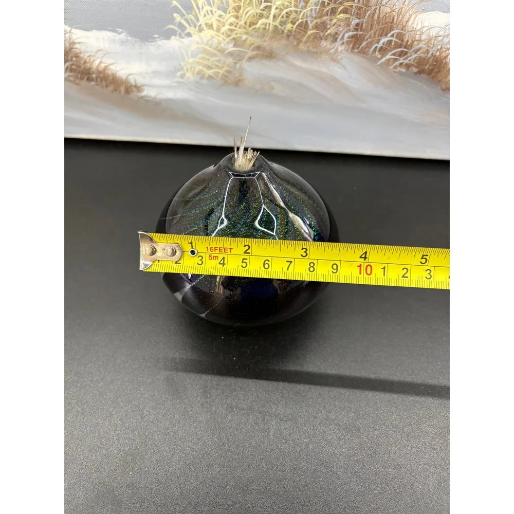 Maytum Studio 1994 Iridescent Art Glass Paperweight Oil Lamp  Blue Green
